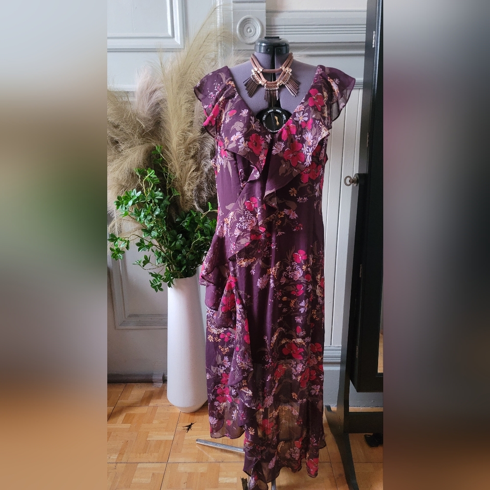 Burgundy floral dress with ruffles